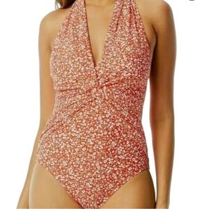 MICHAEL Kors Floral Deep V-twist Halter One-piece Swimsuit Terracota